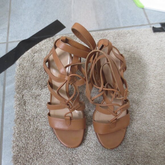 GIANVITO ROSSI Chunky Heel Tan Leather Lace Up High Heel Sandals - Picture 8 of 9